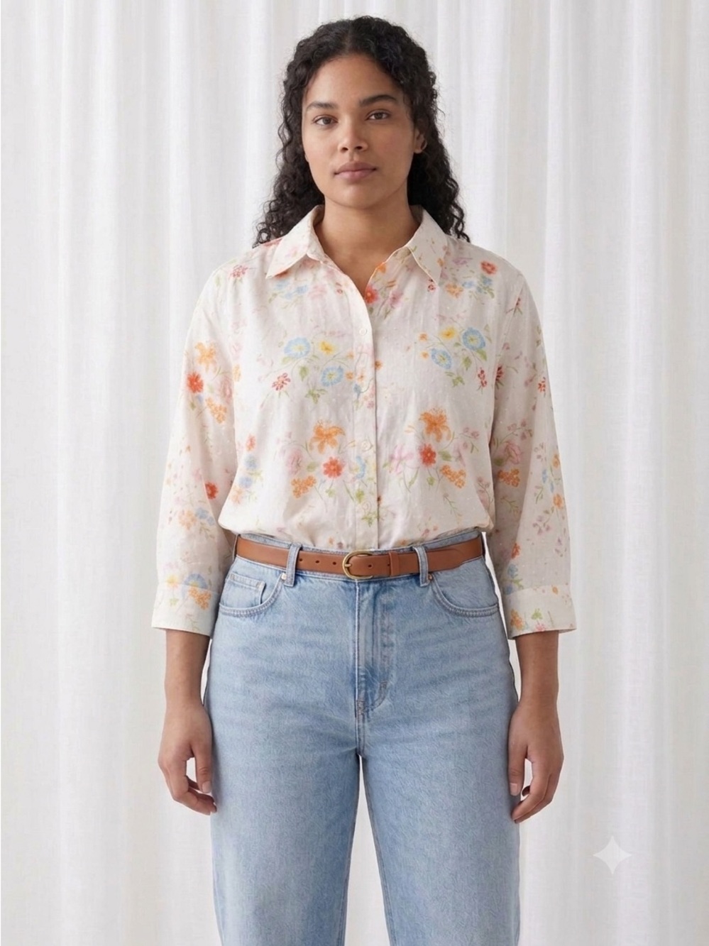 Charter Club Floral White Poplin Button-Front Blouse